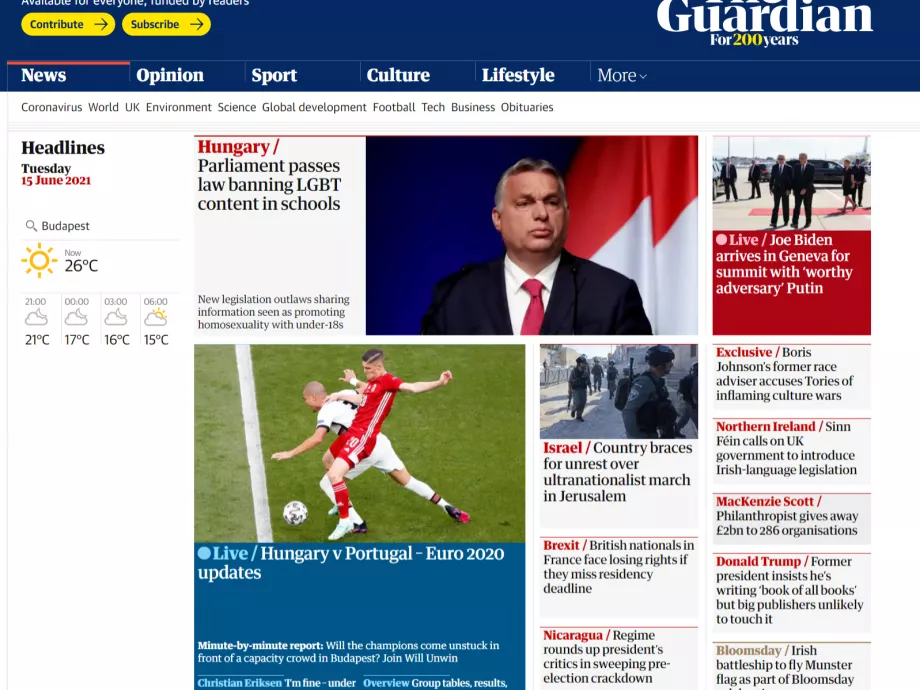 Orbán meleg- és transzellenes törvénye a Guardian vezető cikkében